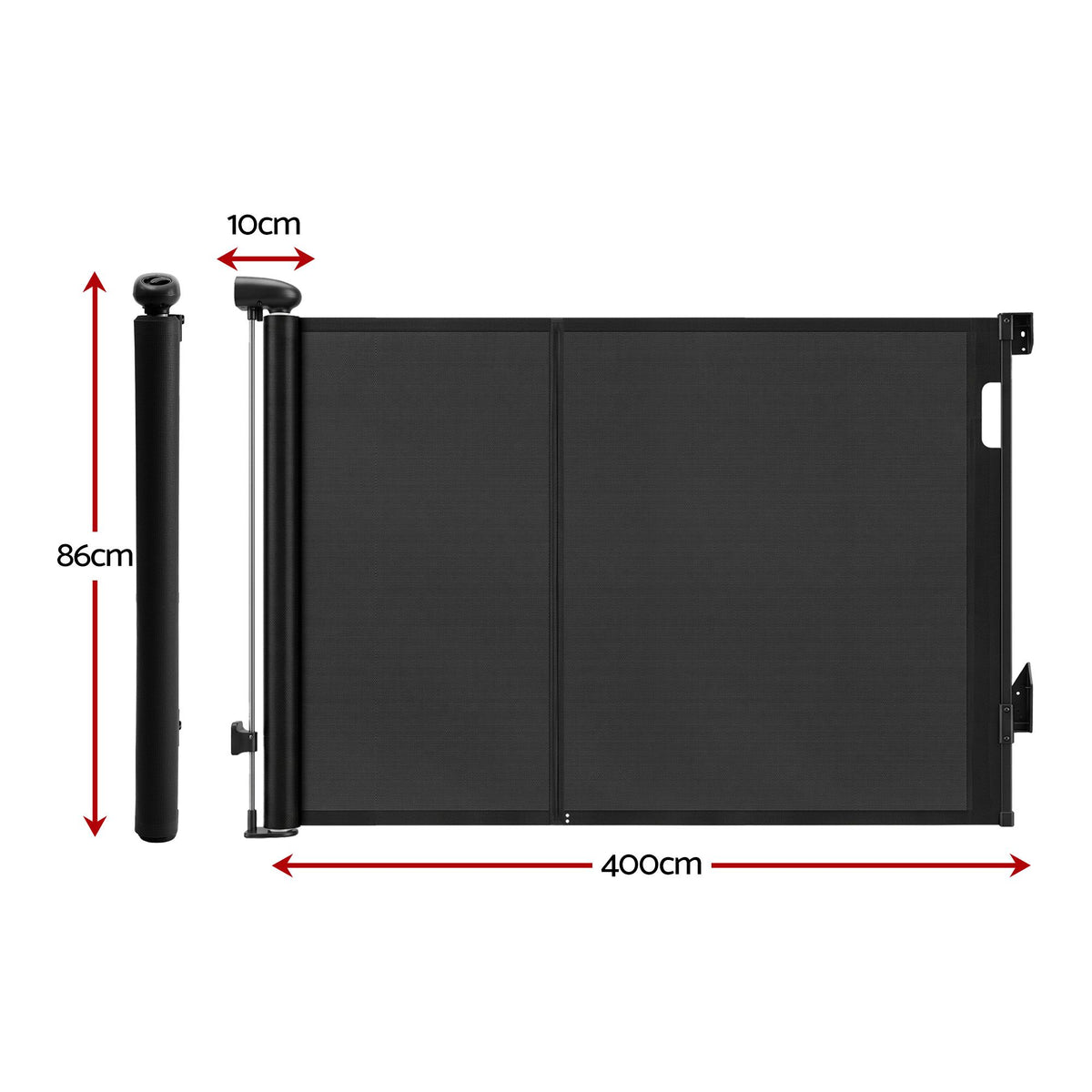 Black Keezi retractable baby and pet safety gate extended to 400cm, shown in a home doorway setting.