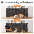 Keezi black retractable baby and pet safety gate extended to 400cm, featuring a mesh design for secure child and pet containment