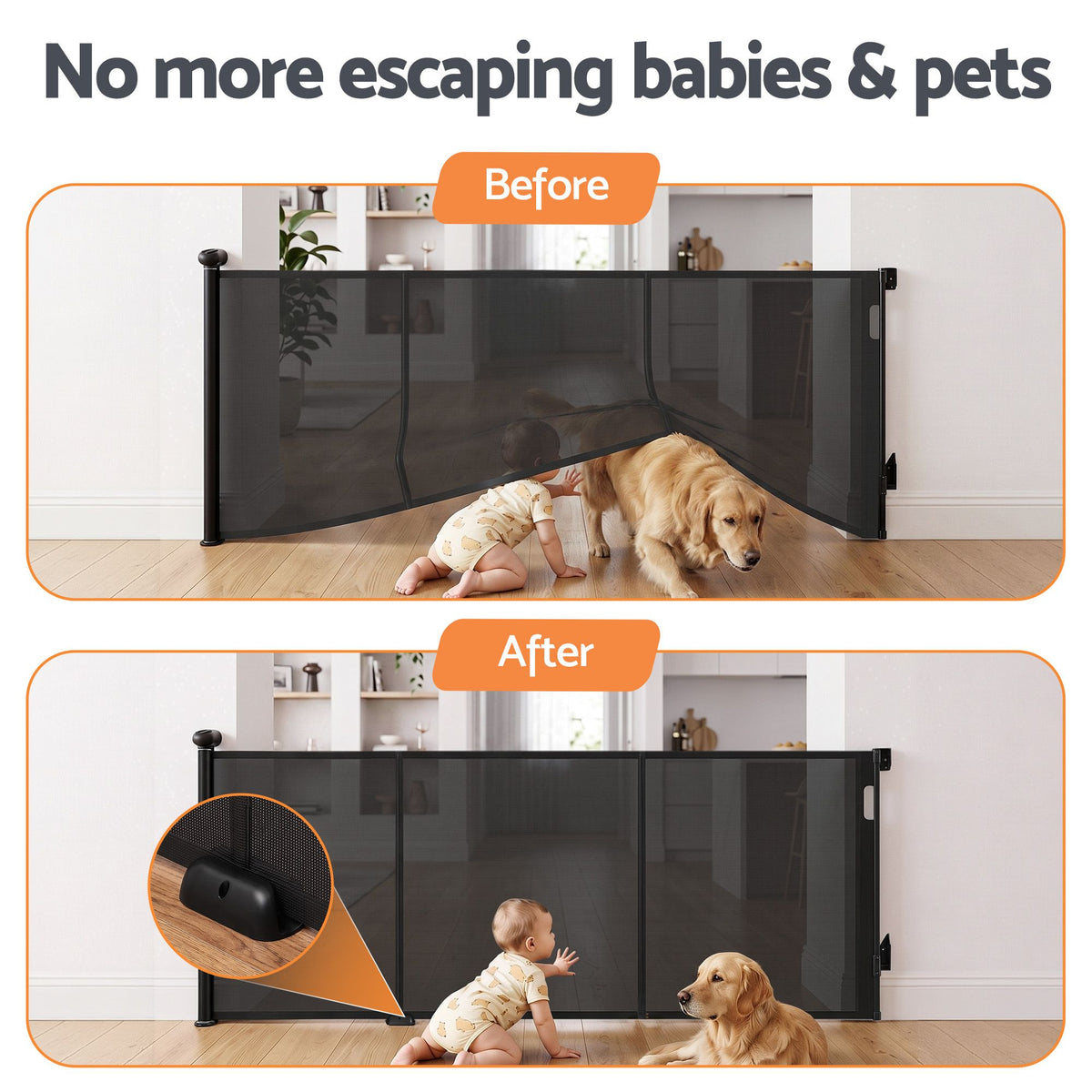 Keezi black retractable baby and pet safety gate extended to 400cm, featuring a mesh design for secure child and pet containment