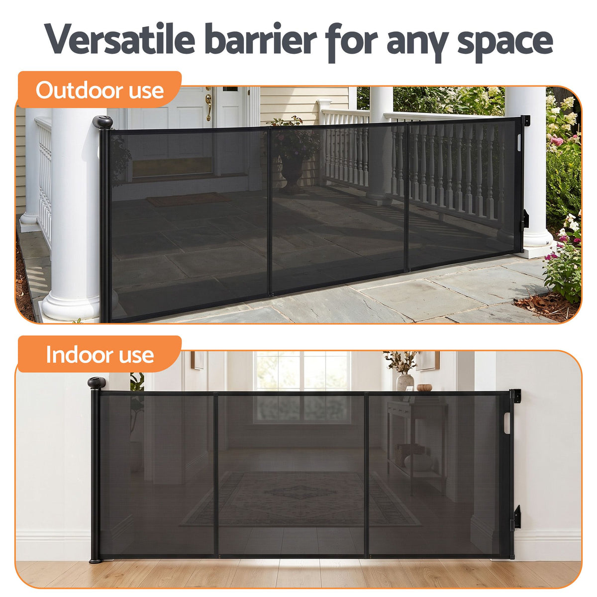 Black Keezi retractable baby gate and pet fence extending up to 400cm, safety barrier for children and pets in black.