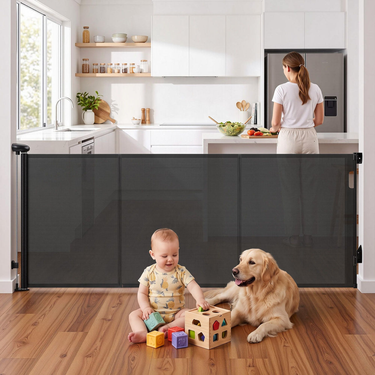 Black Keezi retractable baby and pet safety gate extended to 400cm, showing its mesh design and secure locking mechanism.