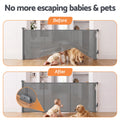 Grey Keezi retractable baby and pet safety gate extended up to 400cm, with mesh fabric and adjustable width.