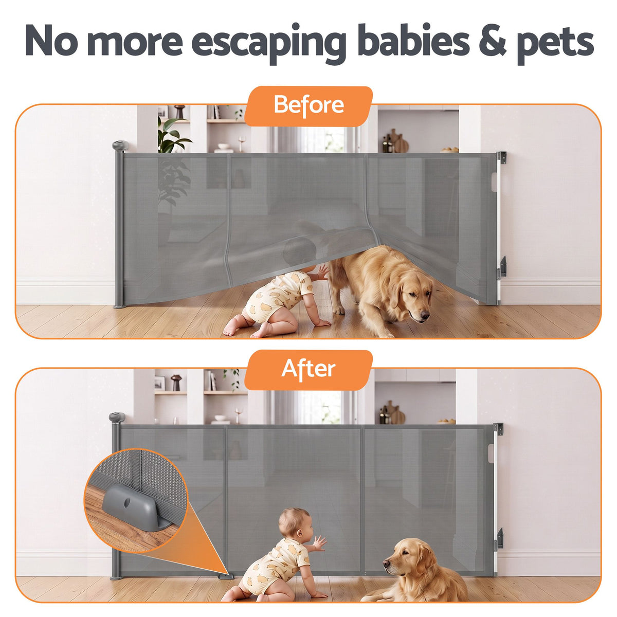 Grey Keezi retractable baby and pet safety gate extended up to 400cm, with mesh fabric and adjustable width.