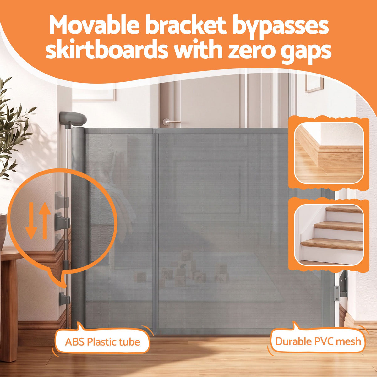 Grey Keezi retractable baby and pet safety gate extended up to 400cm, with secure mesh and adjustable height for home safety.