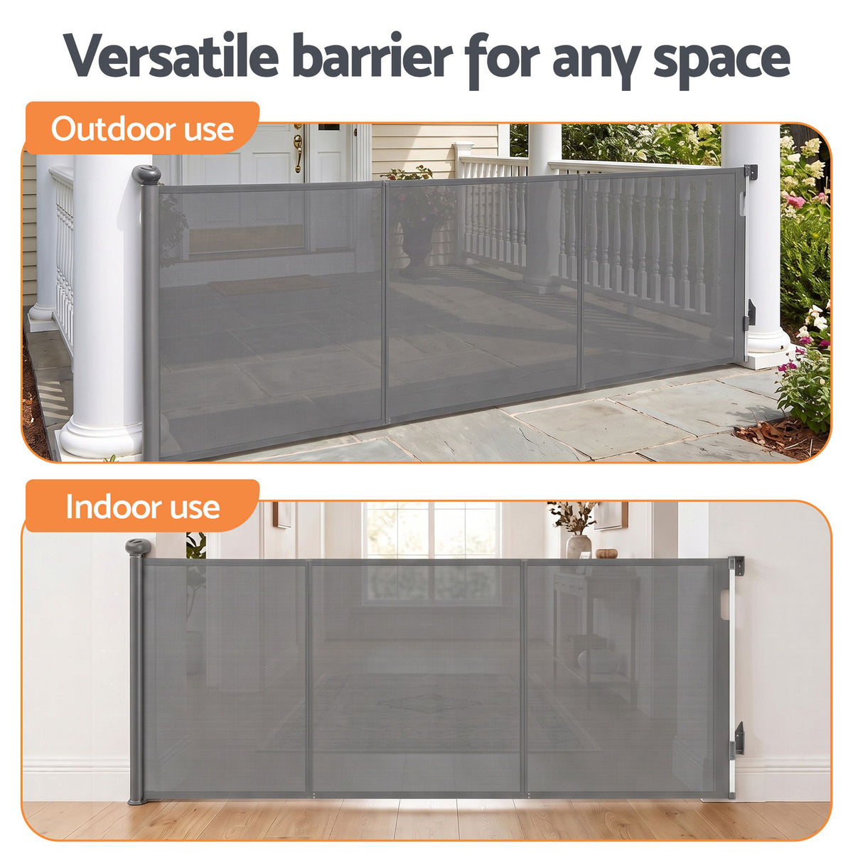 Grey Keezi retractable baby and pet safety gate extending up to 400cm, shown in a home setting with secure safety features