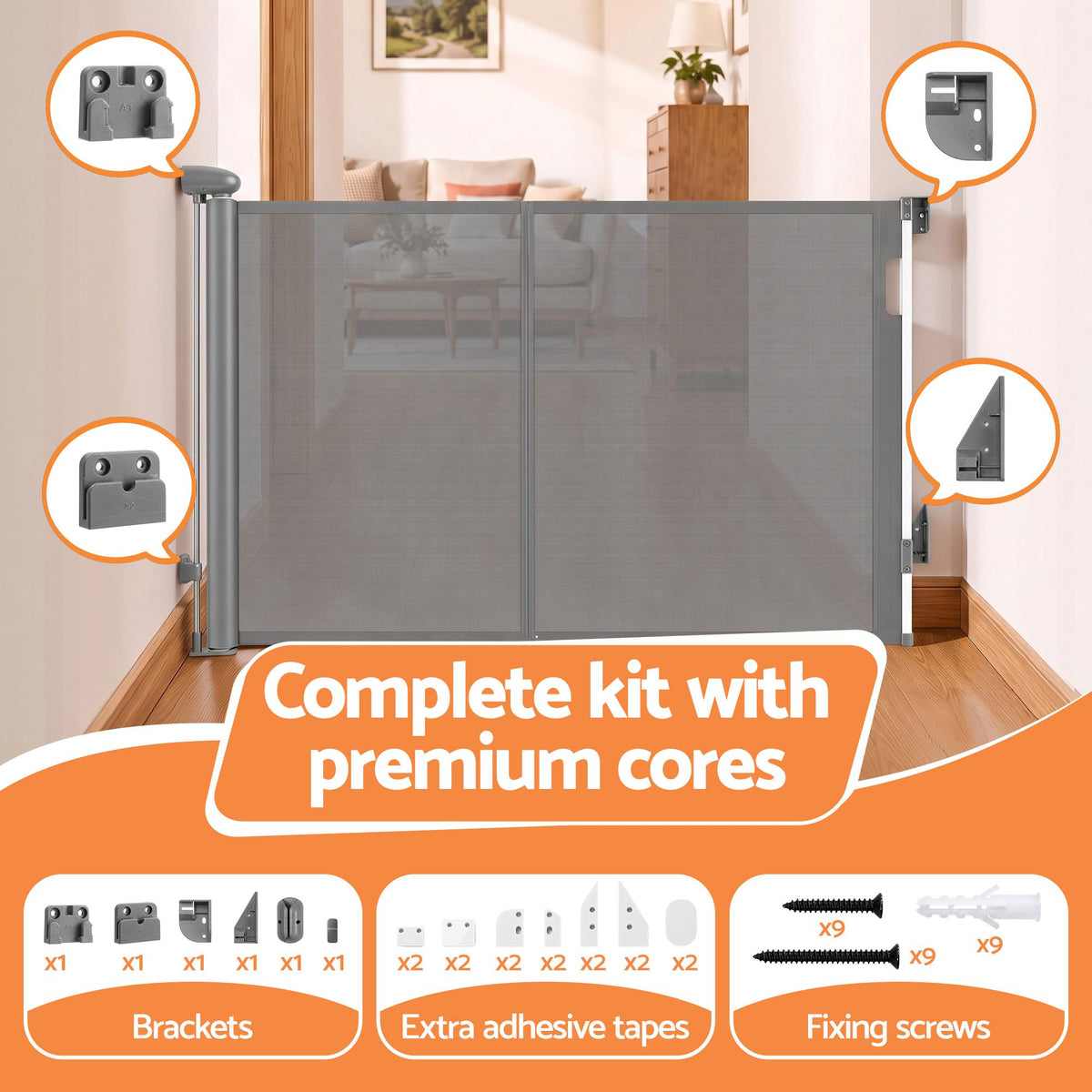 Grey Keezi retractable baby and pet safety gate extended to 400cm, showing the mesh fabric and secure side mounts.