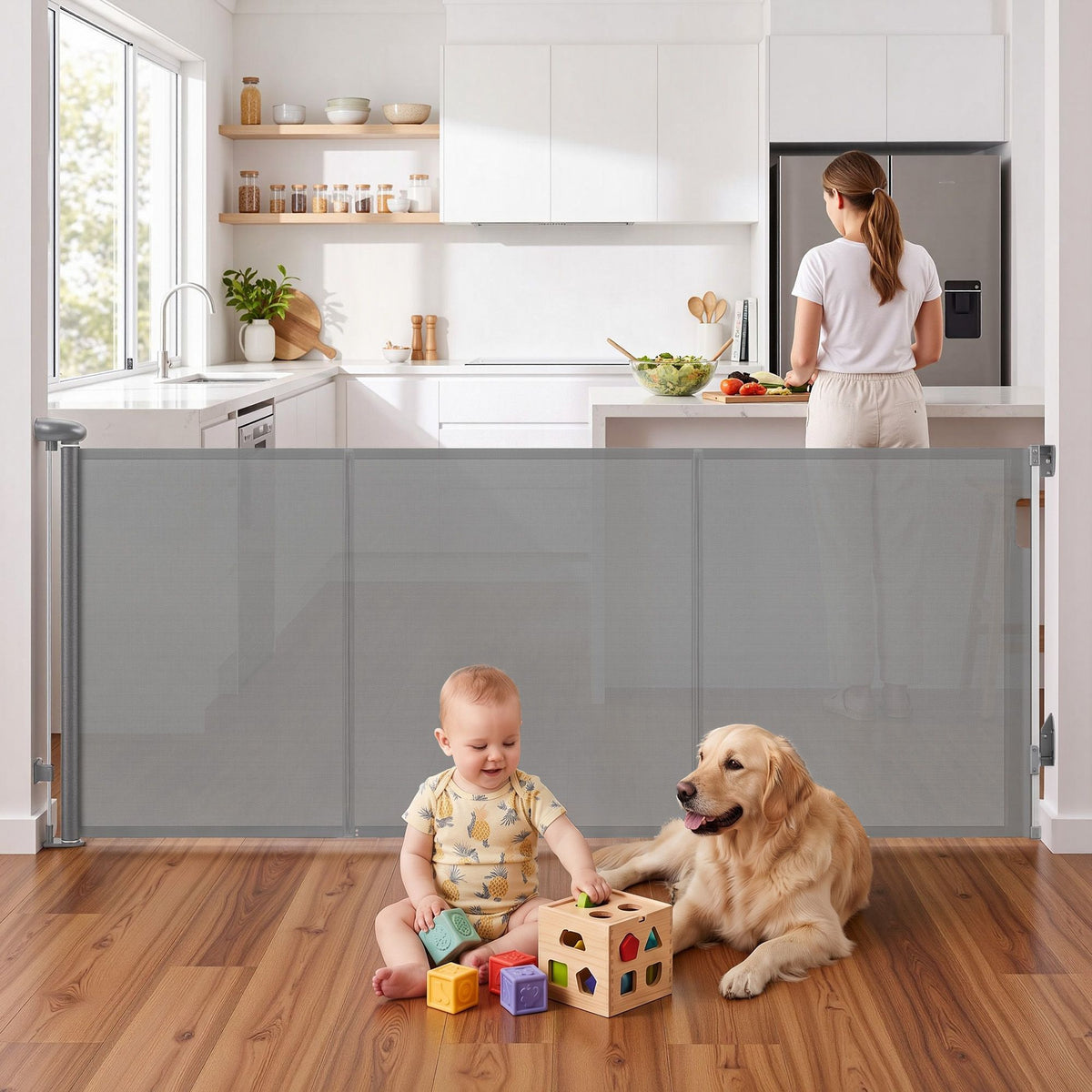 Grey Keezi retractable baby gate and pet safety fence extending up to 400cm, designed to secure child and pet areas.
