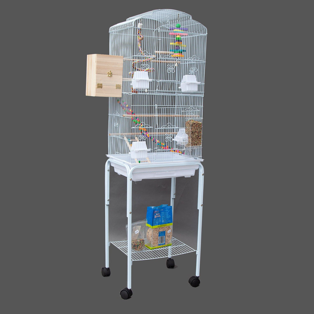 White Samland dome top high bird cage on stand with colorful play toys for kids, designed for pretend play and safe fun.