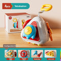 Baby hand grasping colorful 6-in-1 polyhedron activity toy, designed for sensory play and fine motor skills development.