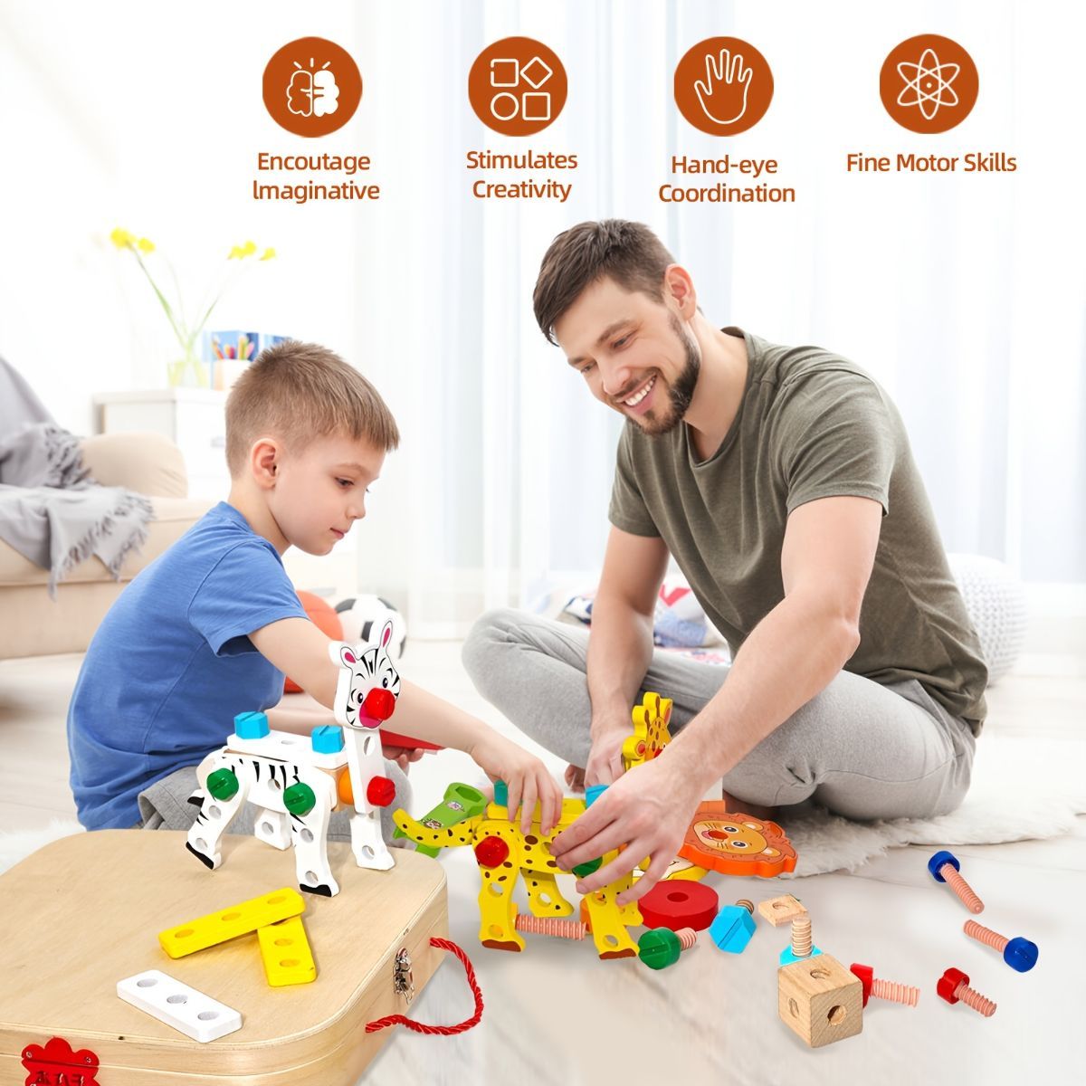 Colorful wooden animal building toy set for kids, educational preschool construction toy from Everything Baby for creative play and learning.