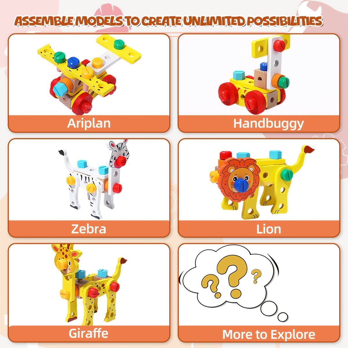 Colorful wooden animal building toy set for kids, educational preschool construction toy by Everything Baby for creative play.