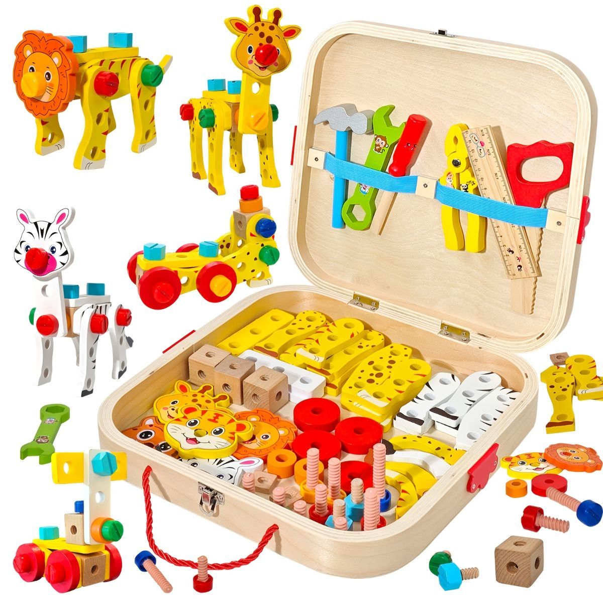 Wooden animal building toy set for kids, educational preschool construction toy by Everything Baby, non-toxic wooden playset.