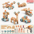 Wooden construction toy set with electric drill for kids, includes 119 pieces for creative building and educational fun.