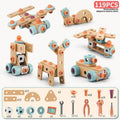 Wooden building set with electric drill toy for kids, 120-piece educational construction and creative puzzle toy for children.