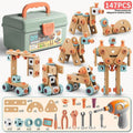 Wooden building set with electric drill toy for kids, includes 120 pieces for creative construction and hand-eye coordination.
