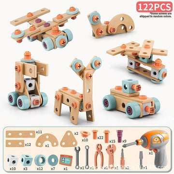 Wooden building set with electric drill toy for kids, educational construction toy, 122-piece creative puzzle kit for children.