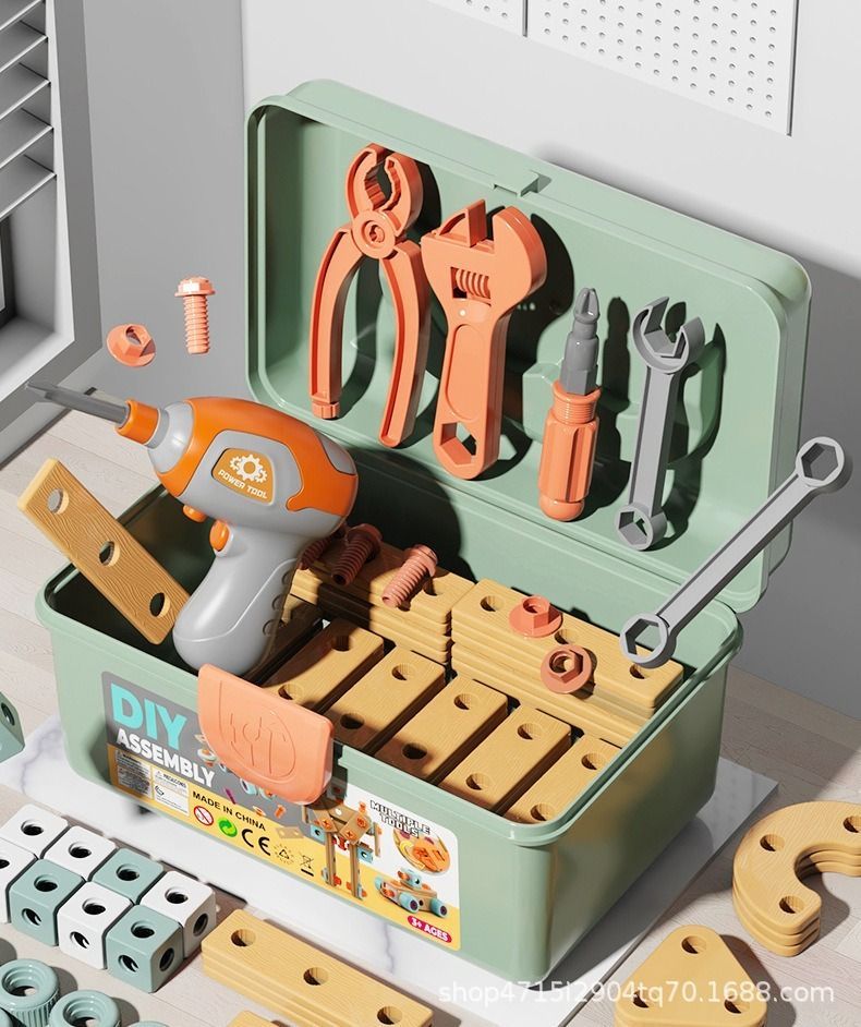 Wooden building set with electric drill toy for kids, 122-piece educational construction and creative puzzle kit by Everything Baby.