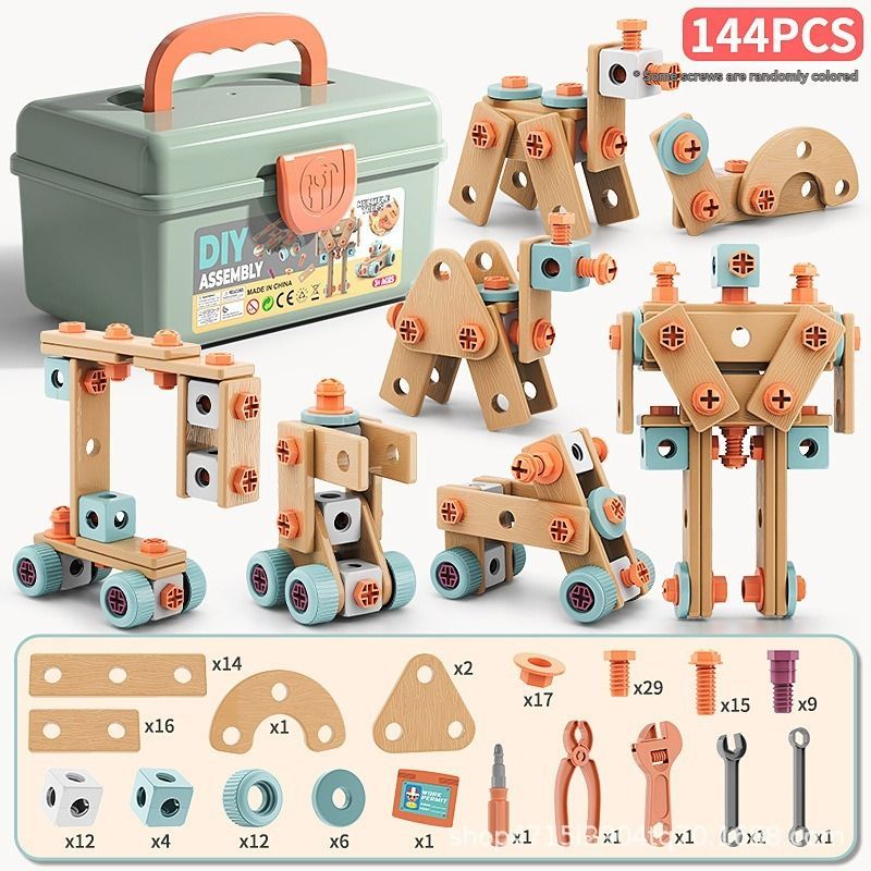 Wooden building set with electric drill toy for kids, educational construction puzzle, 122-piece children's tool kit by Everything Baby.