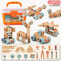 Wooden building set with electric drill toy for kids, educational construction and creative puzzle kit with 144 pieces.