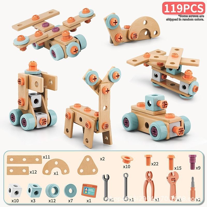 Wooden building set with electric drill toy for kids, educational construction toy with 147 pieces for creative play and hand-eye coordination.