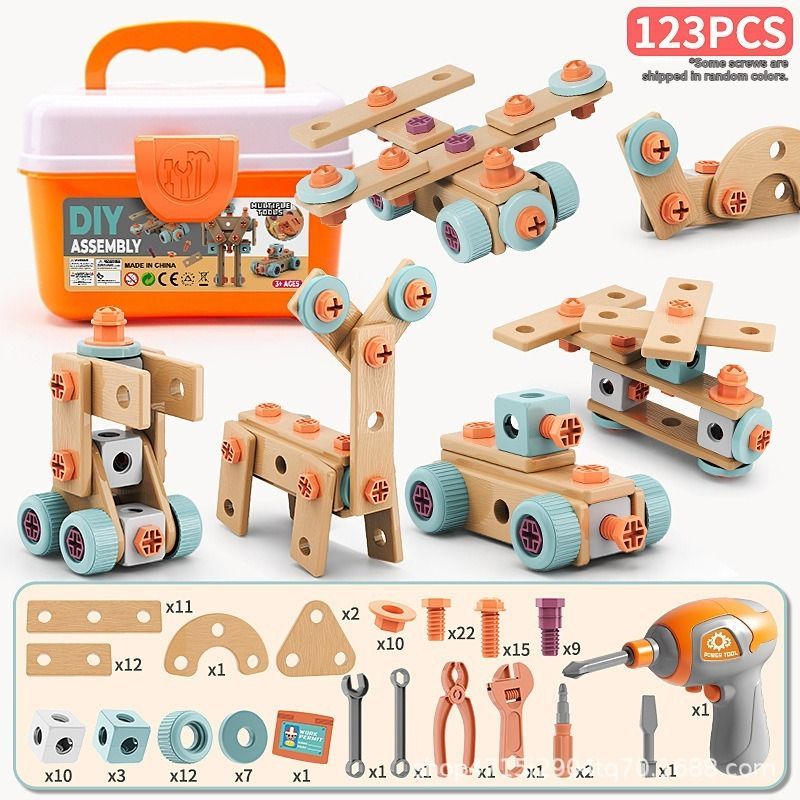 Wooden building set with electric drill toy for kids, part of the 147-piece educational construction and puzzle kit by Everything Baby.