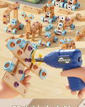 Wooden building set with electric drill toy for kids, educational construction toy from Everything Baby, includes 124-piece creative puzzle kit