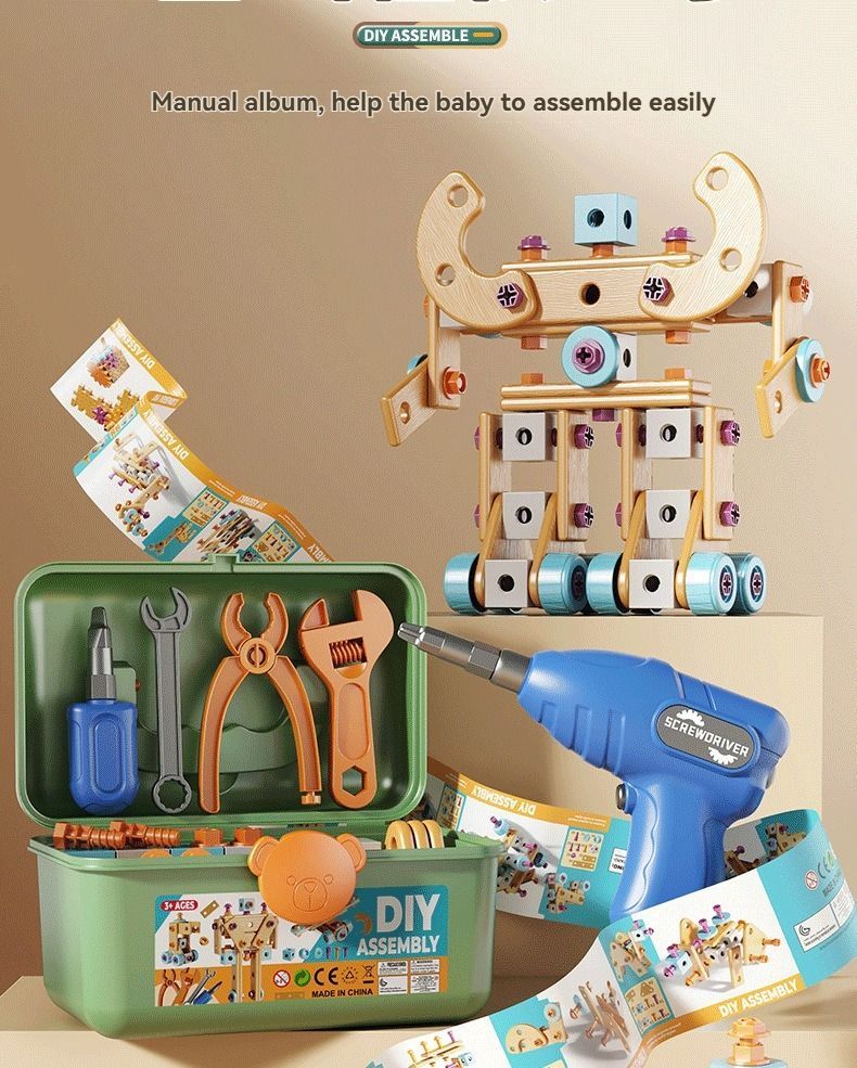 Wooden building set with electric drill toy for kids, 124-piece educational construction kit for children's creative play and hand-eye coordination