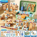 Wooden building set with electric drill toy for kids, educational construction toy, 125-piece creative puzzle and tool kit for children.