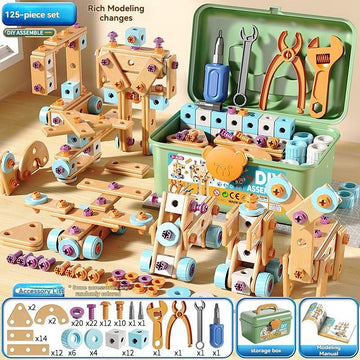 Wooden building set with electric drill toy for kids, educational construction toy, 125-piece creative puzzle and tool kit for children.