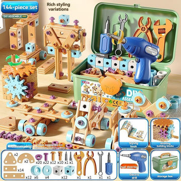 Wooden building set with 144 pieces, electric drill toy for kids, educational construction toy, part of Everything Baby’s kids' tool kit.