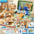 Wooden building set with electric drill toy for kids, educational construction and puzzle kit, includes 144 pieces for creative play.