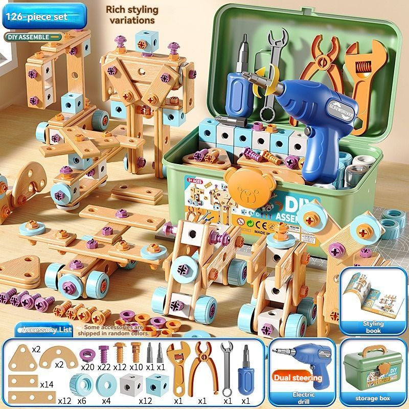 Wooden building set with electric drill toy for kids, educational construction and puzzle kit, includes 144 pieces for creative play.