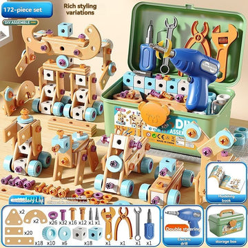 Wooden building set with electric drill toy for kids, educational construction kit with 172 pieces, promoting hand-eye coordination.