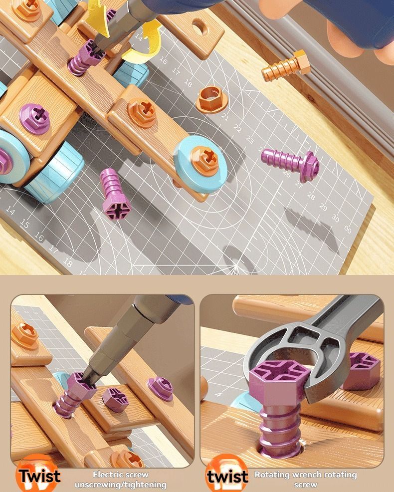 Wooden building set with electric drill toy for kids, 172-piece DIY construction kit promoting creativity and hand-eye coordination.