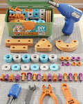 Wooden building set with electric drill toy for kids, educational construction puzzle kit, includes 190 pieces for creative play.