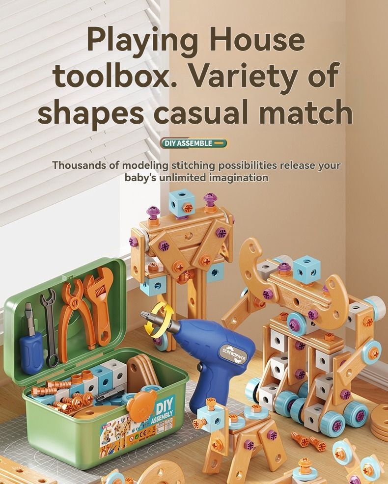 Wooden DIY assembly building set for kids with electric drill toy, educational construction kit, 190-piece children's tool kit.