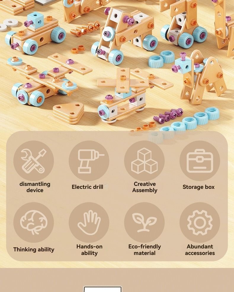 Wooden building set with electric drill toy for kids, educational construction kit, 190-piece creative puzzle for children.
