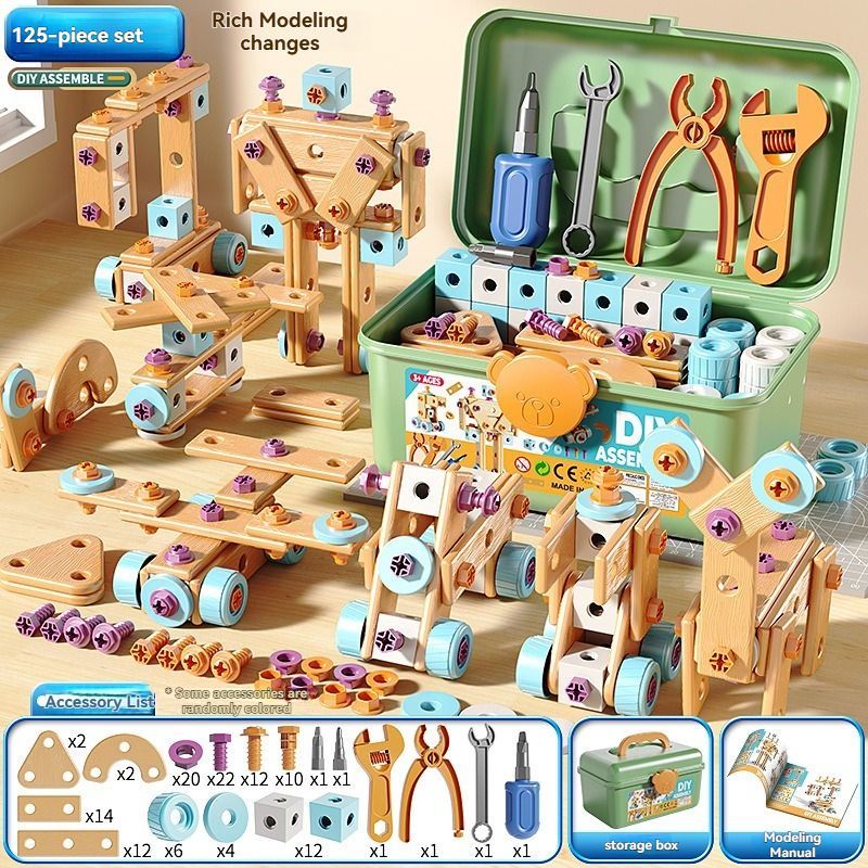Wooden building set with electric drill toy for kids, educational construction kit, 190-piece creative puzzle and tool kit for children