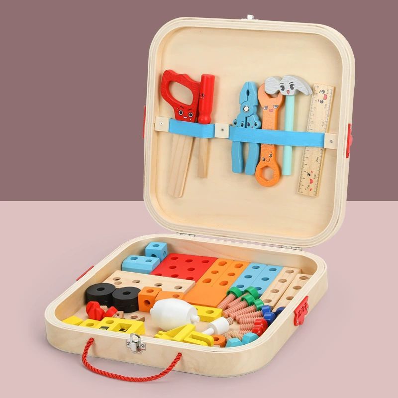 Wooden animal-themed toolbox building set for kids by Everything Baby, promotes fine motor skills and creative play.