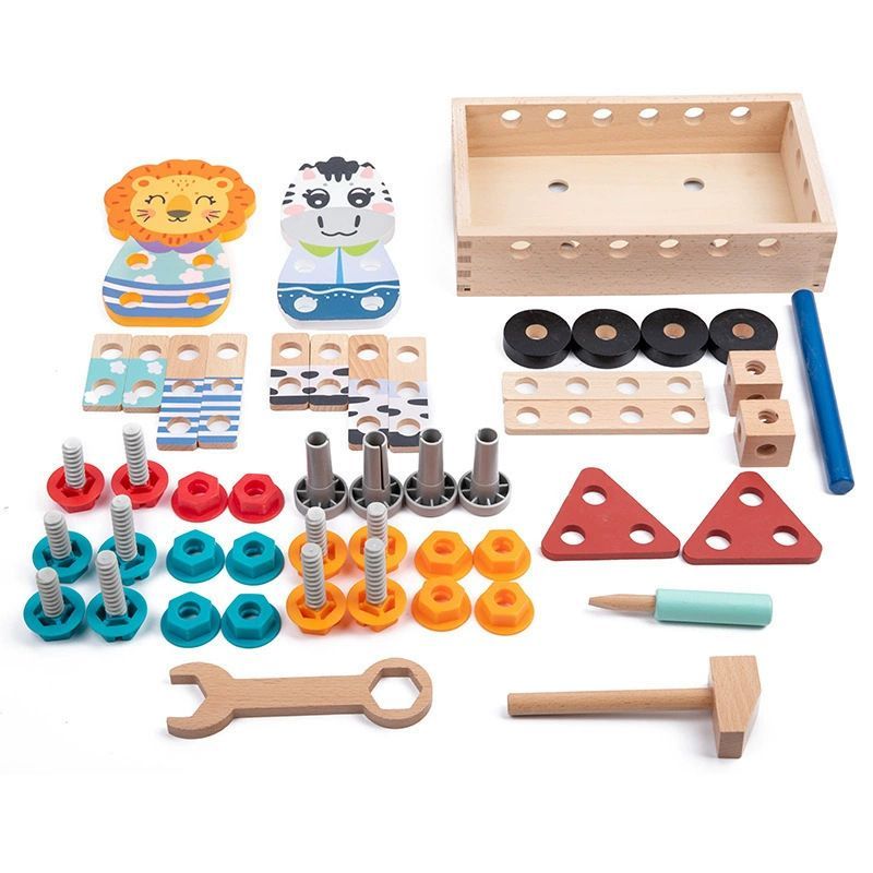 Wooden animal-themed toolbox building set for kids, promotes fine motor skills and creative play, educational toy for children.