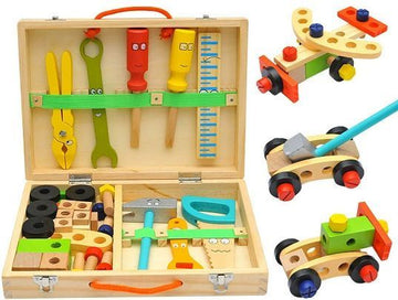 Wooden animal-themed toolbox building set for kids, promotes fine motor skills and creative play, educational toy for children.