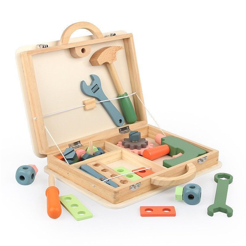 Wooden animal-themed toy toolbox with building blocks for kids, promoting creative play and fine motor skills, by Everything Baby.