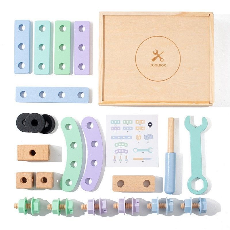 Wooden animal-themed toolbox building set for kids, educational toy to boost fine motor skills and creative play.