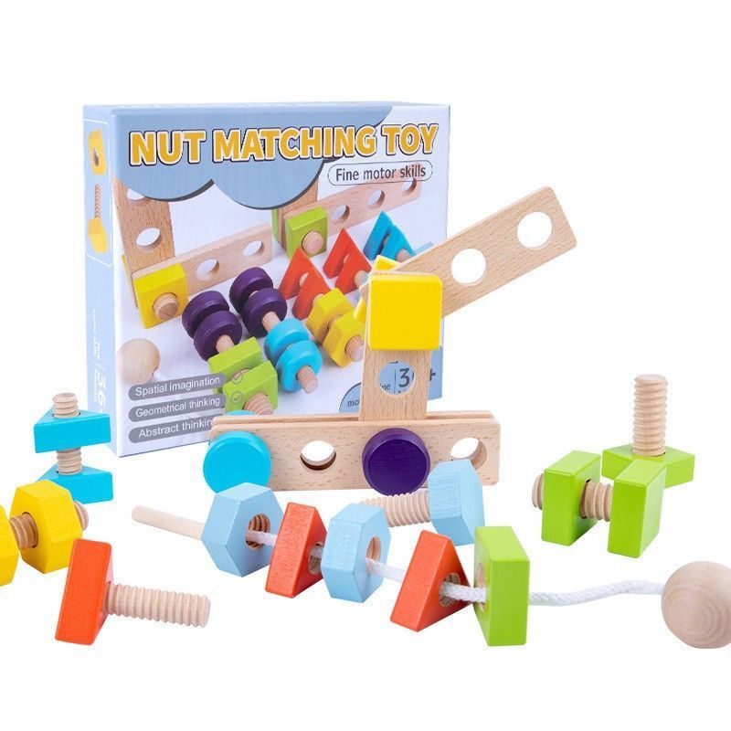 Wooden animal-themed toolbox building set for kids, educational toy promoting fine motor skills and creative play.