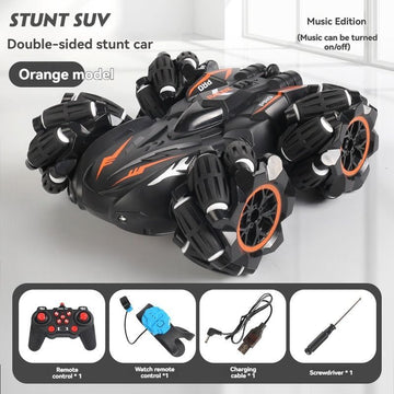 2.4G remote control car, electric stunt car, drifting car, spray function, kids toy car, double-sided stunt car, watch remote control, outdoor RC toy, rechargeable toy car - Black and orange - Size Dual-control
