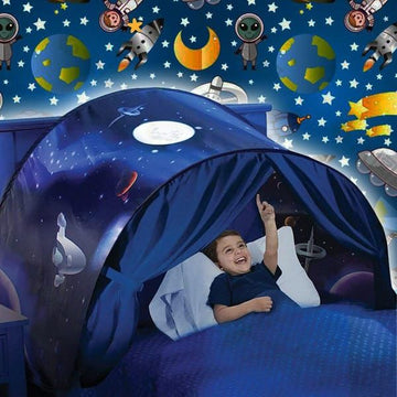 Space-themed kids' bed tent by Everything Baby, 80x220 cm, featuring star and planet designs for outdoor play or cozy hideaway.