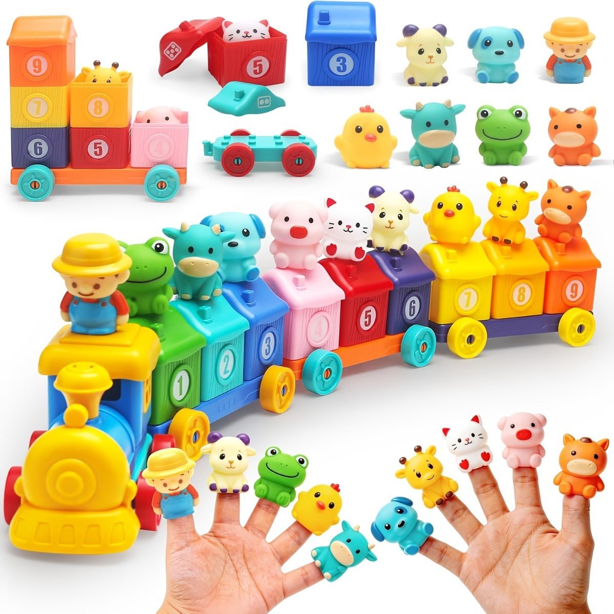 Wooden animal-themed toolbox building set by Everything Baby, kids construction toy for creative play and fine motor skills.