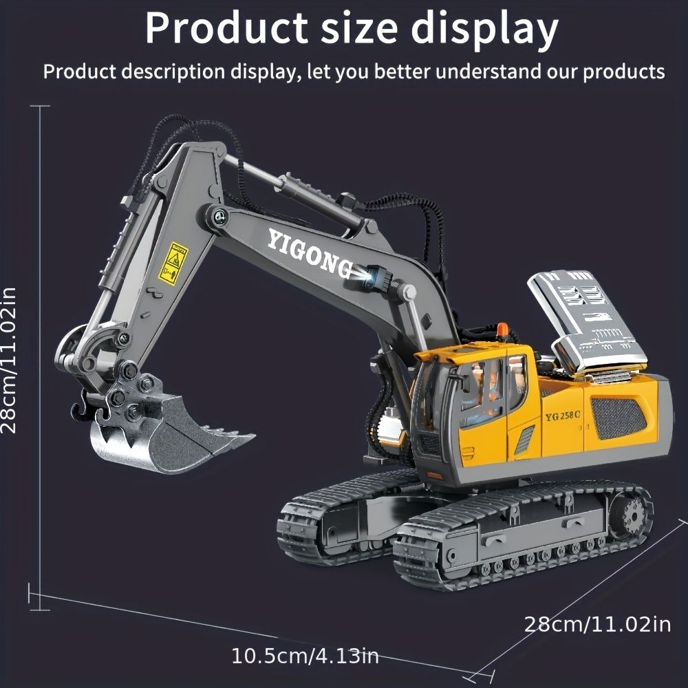 1/18 scale remote control excavator toy by Everything Baby featuring alloy construction and unlimited rotation for outdoor play.