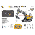 Child playing with 1/18 scale remote control alloy excavator toy by Everything Baby, featuring unlimited rotation and realistic design.
