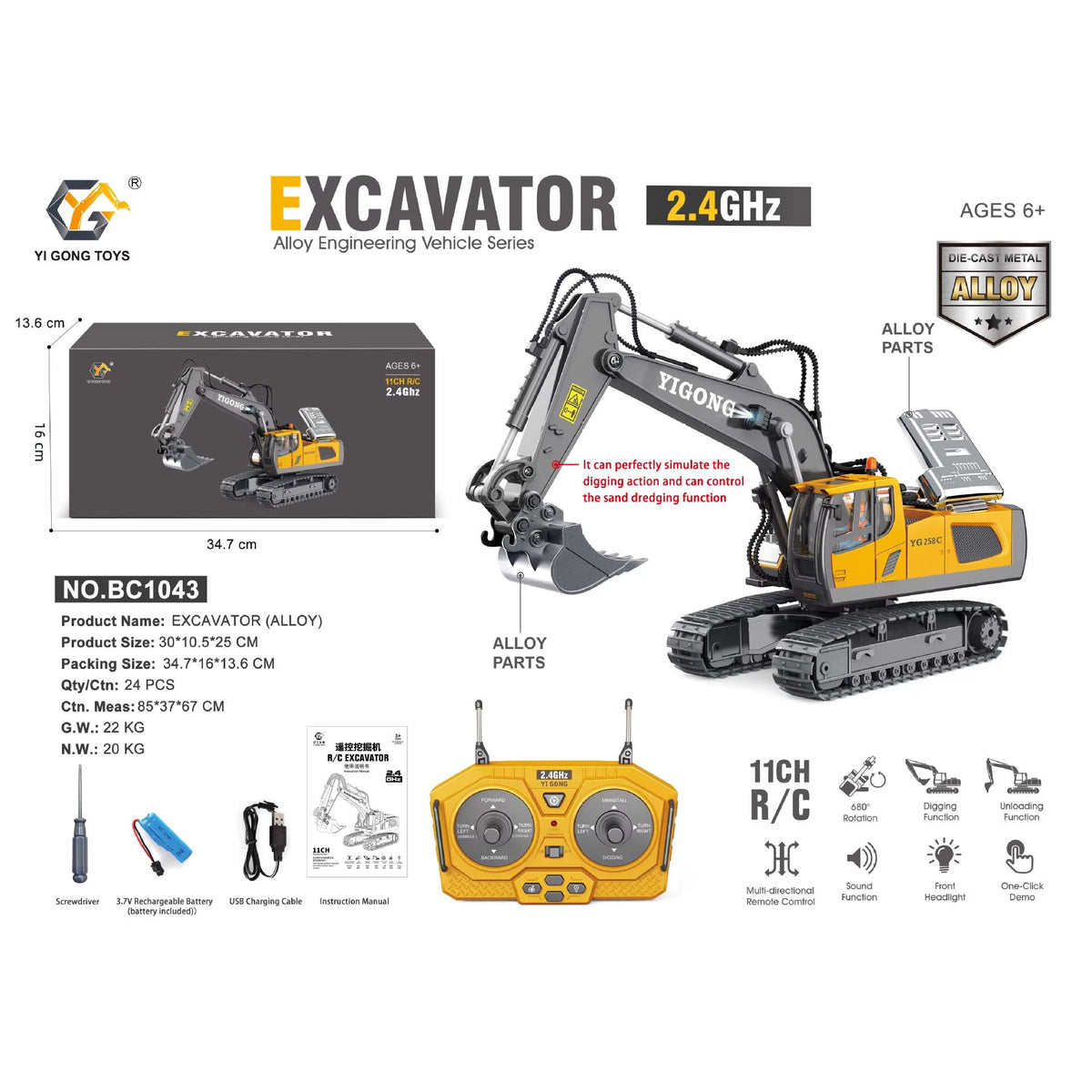 Child playing with 1/18 scale remote control alloy excavator toy by Everything Baby, featuring unlimited rotation and realistic design.